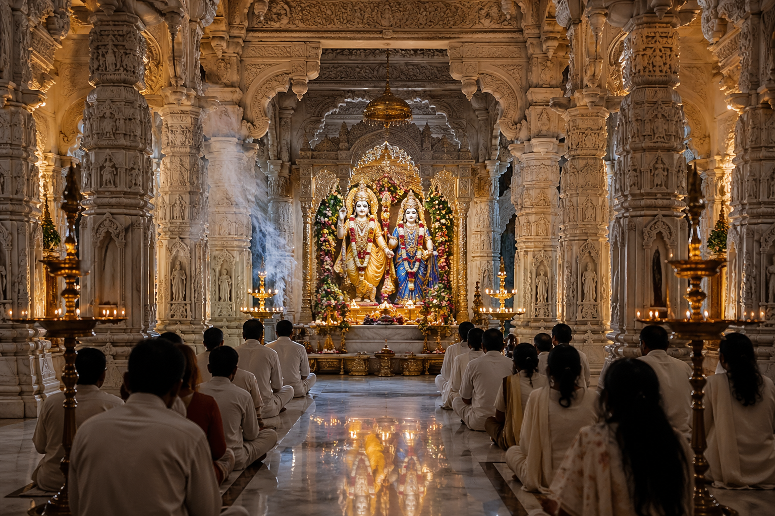 Grand marble temple hall with ornate pillars and Radha Krishna altar visible at far end with devotees praying